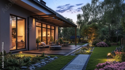 Summer evening on the patio of beautiful suburban house with garden