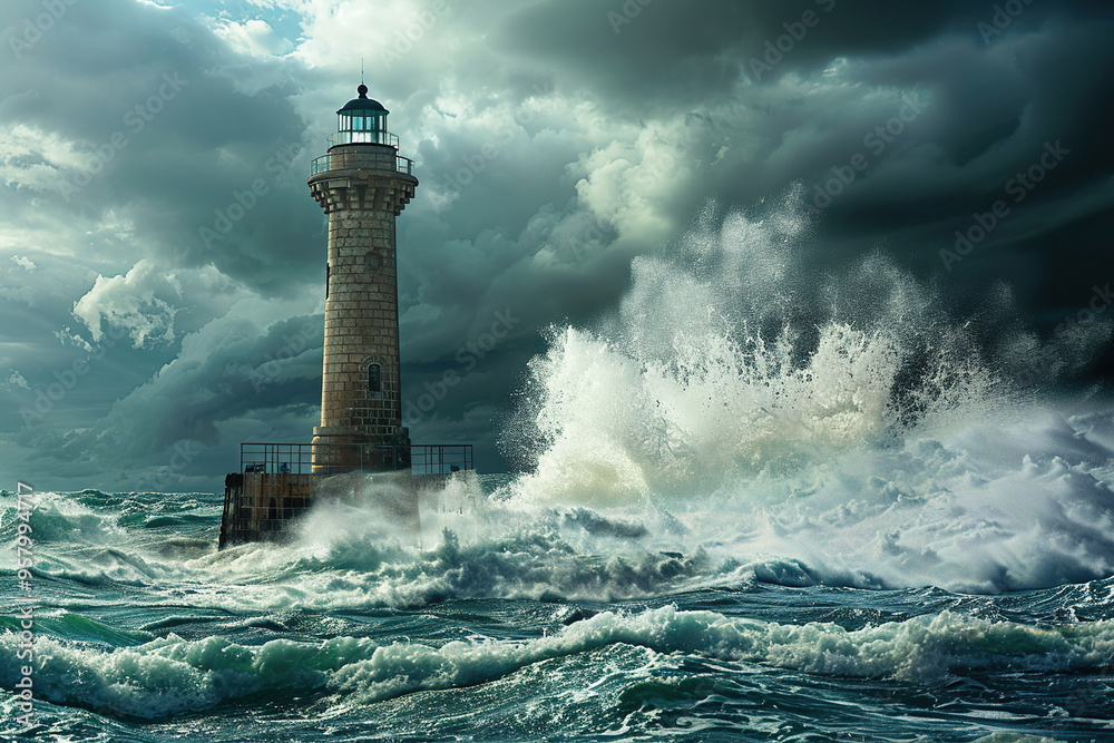 Generative ai on theme of large retro lighthouse with beam of bright light shining out to blue sea Generative ai on theme of large retro lighthouse with beam of bright light shining out to blue sea