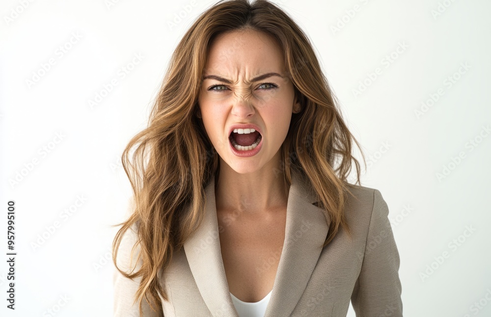 Angry young businesswoman in beige suit isolated on white background with copy space, professional