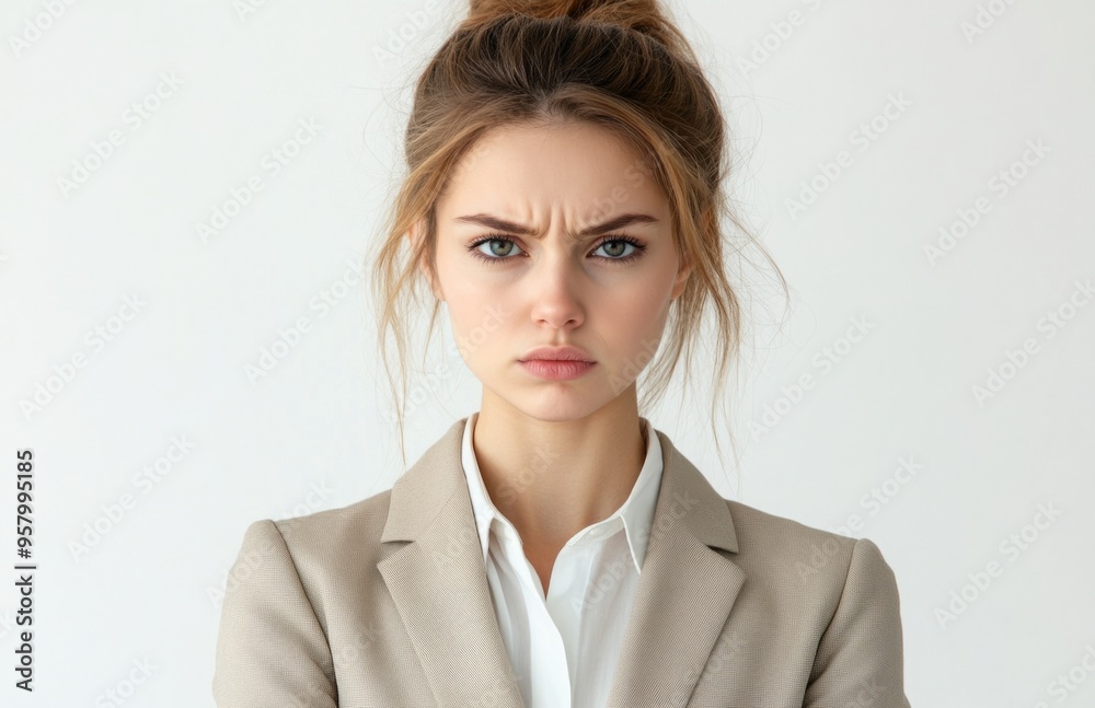 Angry young businesswoman in beige suit isolated on white background with copy space, professional Angry young businesswoman in beige suit isolated on white background with copy space, professional