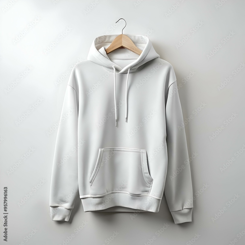 Clean and simple. this image showcases a blank white hoodie hanging on a wooden hanger against a plain white backdrop. Clean and simple. this image showcases a blank white hoodie hanging on a wooden hanger against a plain white backdrop.