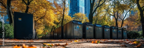 Solar-powered trash compactors are neatly aligned in an urban park, surrounded by autumn foliage against a backdrop of modern buildings #957996108