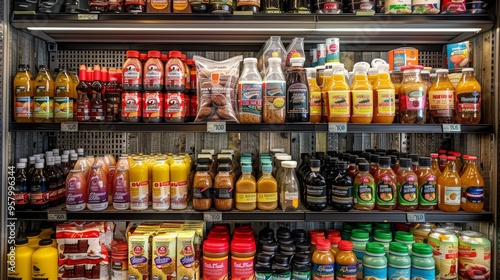 Shelves filled with a variety of beverages and condiments in a grocery store aisle during daylight hours