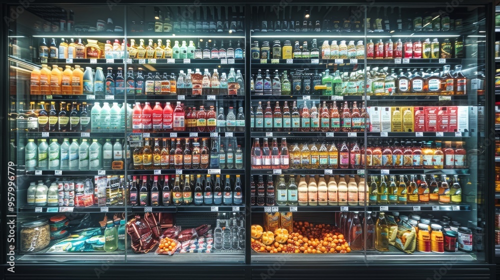 Fototapeta premium A well-stocked beverage cooler showcasing a variety of drinks and snacks in a grocery store during evening hours