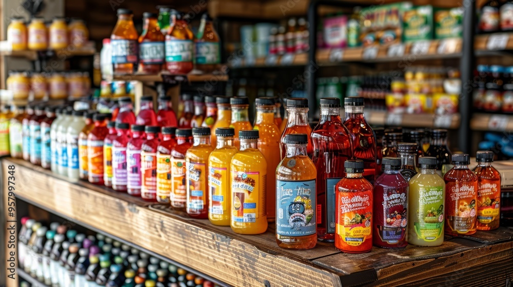A variety of colorful beverages displayed on wooden shelves inside a local store during daylight hours A variety of colorful beverages displayed on wooden shelves inside a local store during daylight hours