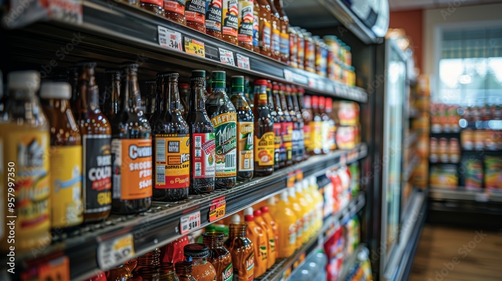 Beverage aisle filled with a variety of bottled drinks in a grocery store during daytime Beverage aisle filled with a variety of bottled drinks in a grocery store during daytime