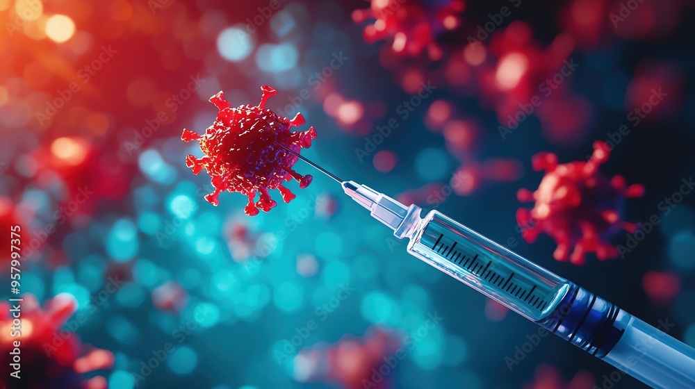 A close-up of a syringe injecting into a virus, symbolizing vaccination and the fight against infectious diseases. A close-up of a syringe injecting into a virus, symbolizing vaccination and the fight against infectious diseases.