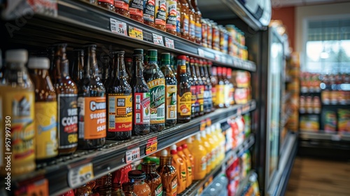 Beverage aisle filled with a variety of bottled drinks in a grocery store during daytime