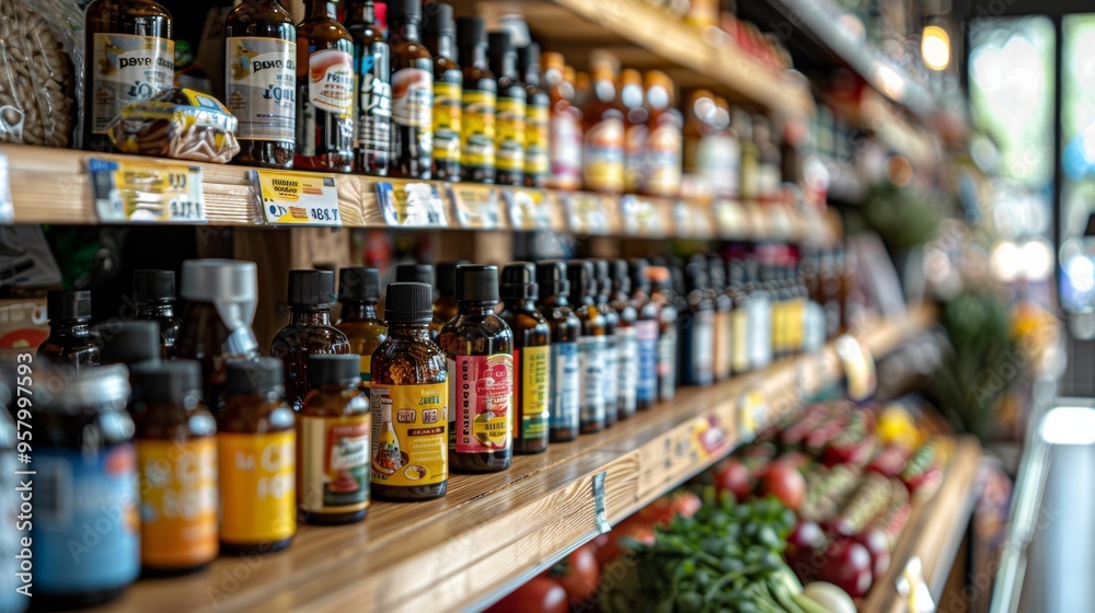 Fototapeta premium Assorted herbal oils and natural supplements displayed on shelves in a vibrant health store during daytime