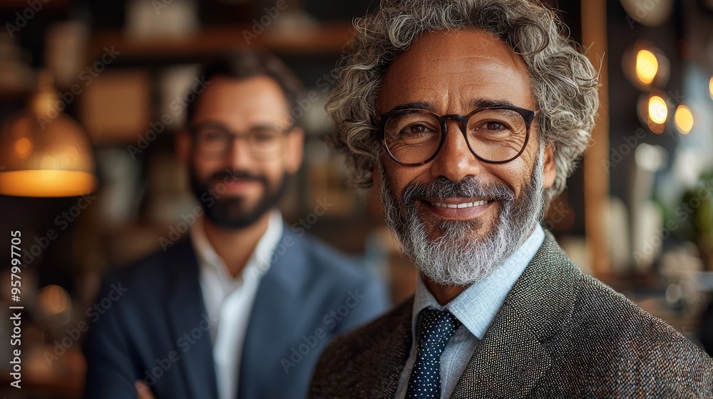 Two business professionals smile confidently in a cozy café setting during daylight hours, showcasing camaraderie and teamwork