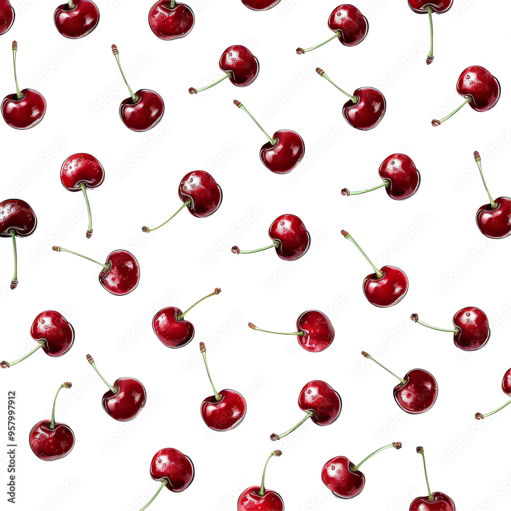 Red Cherry fresh berry pattern from flat view isolated on white or transparent background Red Cherry fresh berry pattern from flat view isolated on white or transparent background