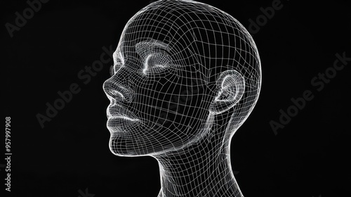 A wireframe model of a woman's head with her eyes closed.