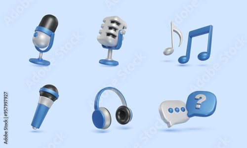 3d podcast microphone headphone music  and chat bubbles icon collection