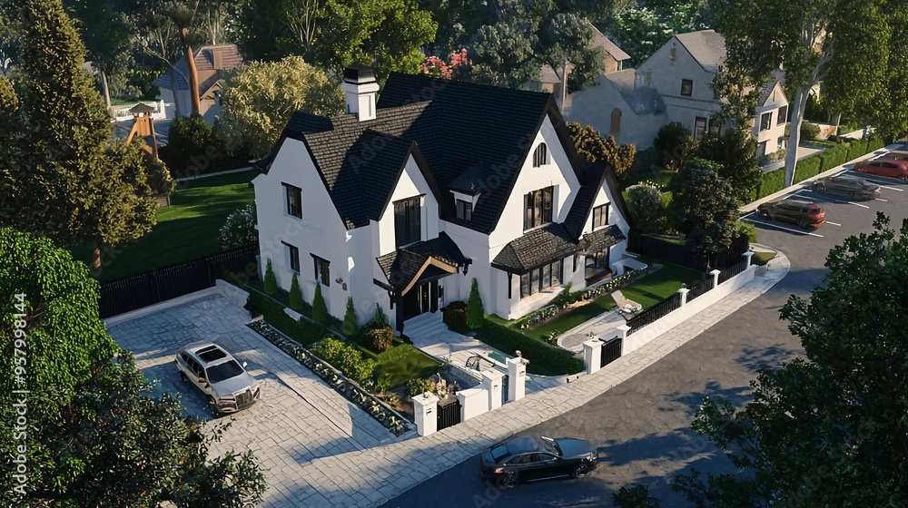 3D rendering of a cute and cozy white and black modern Tudor style house with parking and swimming pool 3D rendering of a cute and cozy white and black modern Tudor style house with parking and swimming pool