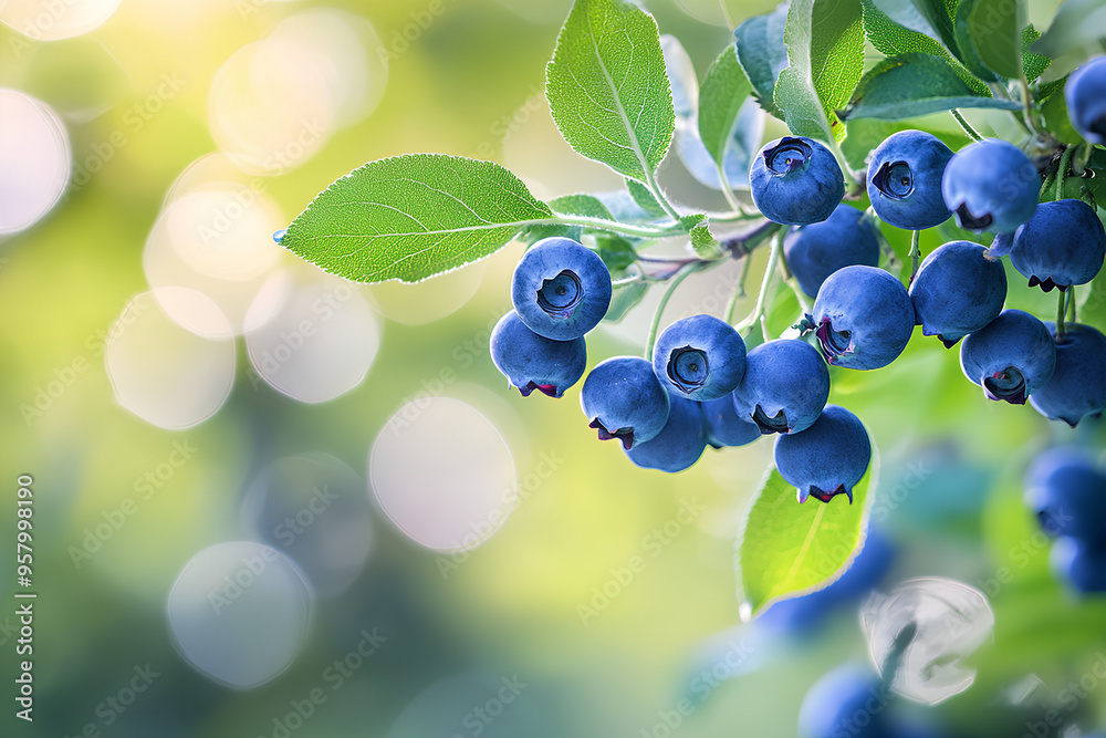 Blueberries growing on an apple tree branch with green leaves and blurred background in high resolution
Blueberries growing on an apple tree branch with green leaves and blurred background in high resolution