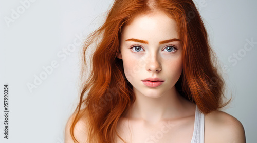 Portrait of a serious aggressive teenage girl with red long hair with perfect skin, white background, banner.