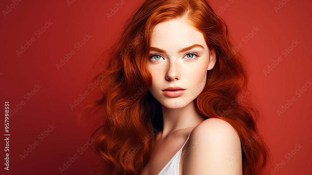 Obraz premium Portrait of a serious aggressive teenage girl with red long hair with perfect skin, red background, banner.