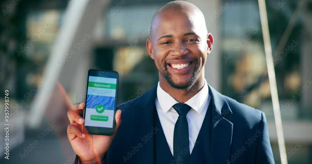 Phone screen, approve and success of business black man in city for loan system, privacy policy and website launch. Online agreement, ui interface and ai portal with portrait of person and technology