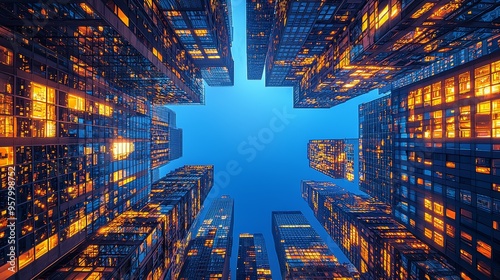 A vibrant cityscape at dusk, showcasing towering skyscrapers with illuminated windows against a deep blue sky