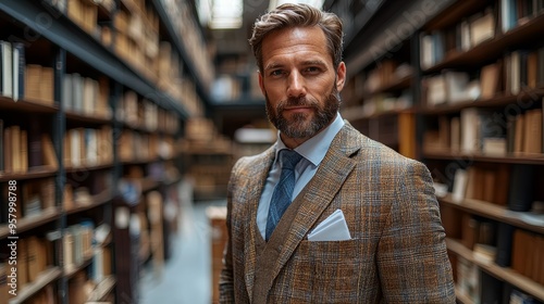 A sophisticated man in a tailored suit stands confidently in a historical library surrounded by shelves of books