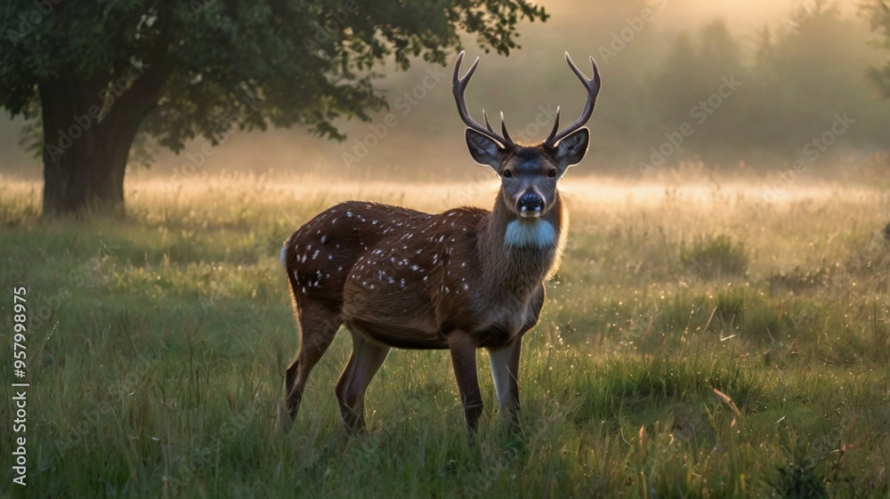 Fototapeta premium a chital deer grazing in a misty meadow during the early morning hours.