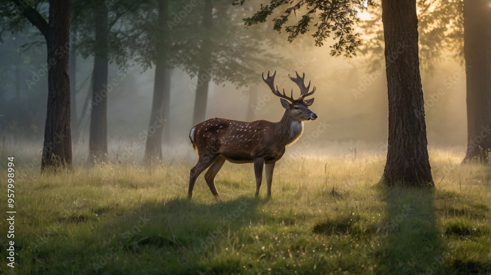 Naklejka premium chital deer standing in a lush meadow during the sun rise