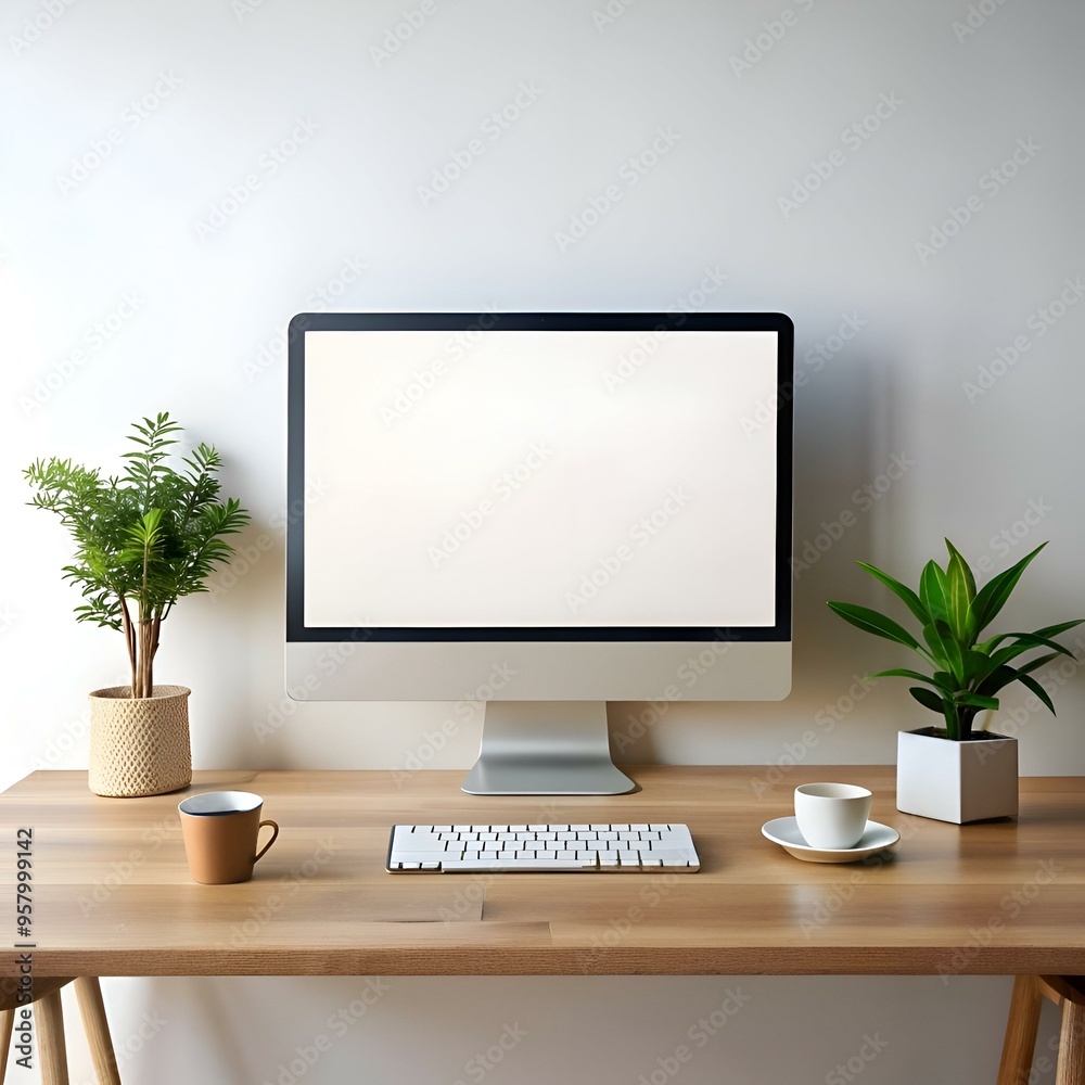 Modern workspace mockup with a blank desktop screen. keyboard. and coffee cup on a wooden desk. Modern workspace mockup with a blank desktop screen. keyboard. and coffee cup on a wooden desk.
