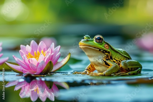 Green Frog on Lily Pad with Pink Water Lily in a Pond