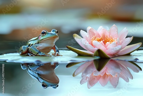 A Green Frog and a Pink Water Lily on a Pond photo