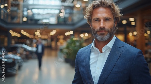 Confident man with curly hair and beard in a modern office setting during the day