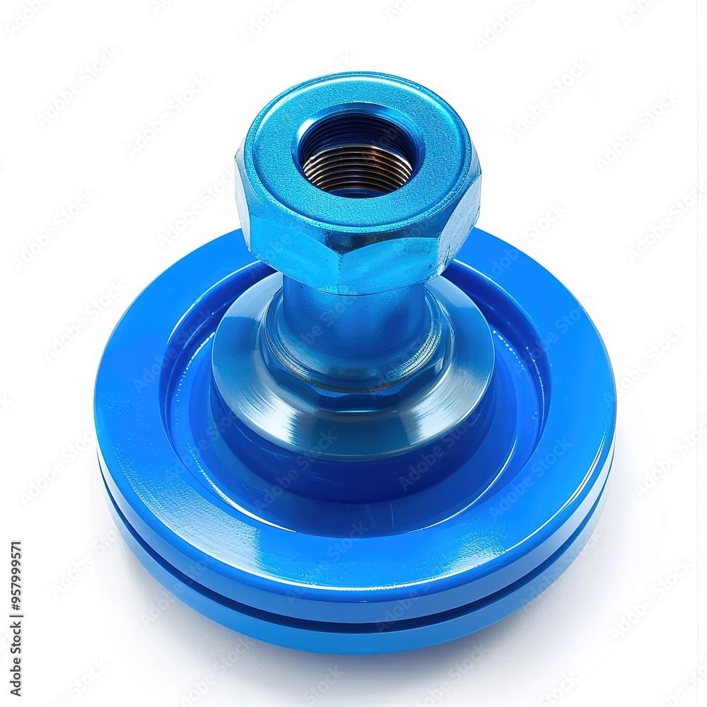 A striking close-up of a vibrant blue valve against A striking close-up of a vibrant blue valve against