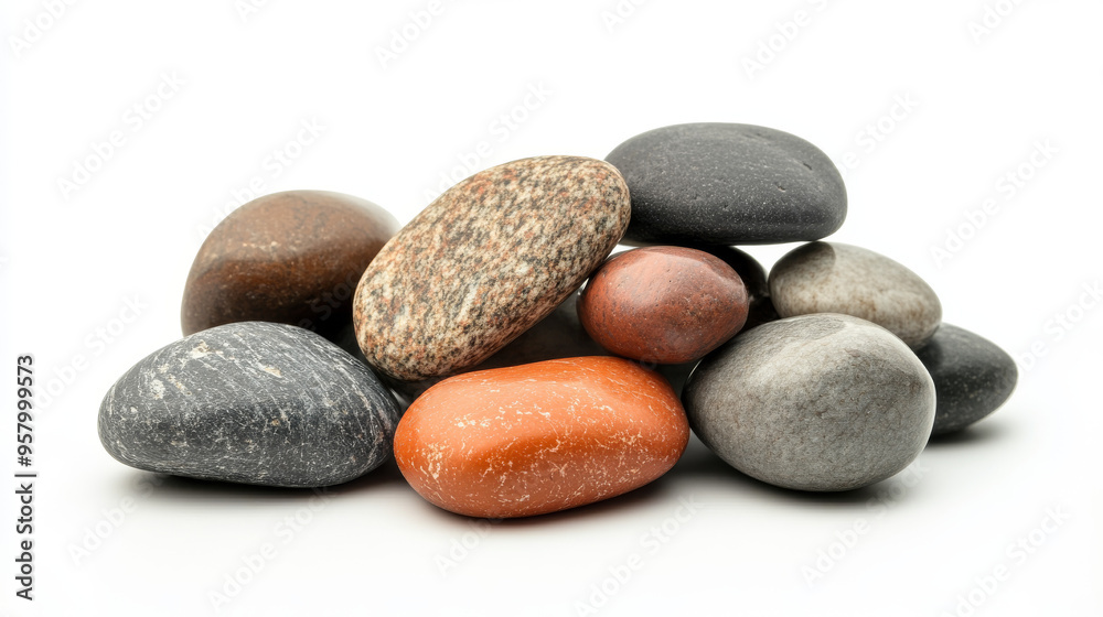 Set of sea stones isolated on a white background, including pebbles from the beach and natural minerals, presented in a high-quality photo.