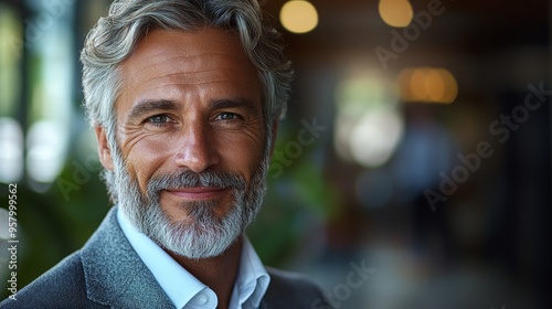 A mature man with gray hair and a beard smiles warmly in a cozy indoor setting during the afternoon hours