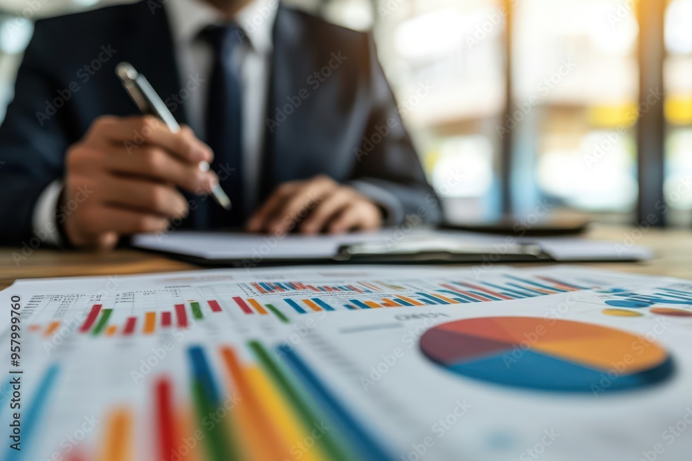 A businessman holding a pen in the background, with a pie chart and business plan on the desk, ready for a meeting A businessman holding a pen in the background, with a pie chart and business plan on the desk, ready for a meeting