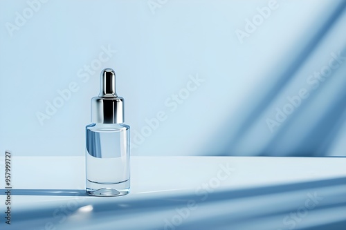 Serum dropper bottle with light and shadow on a blue backdrop