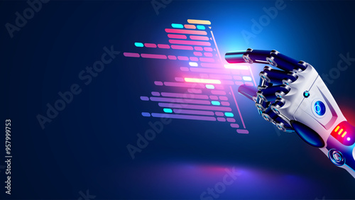 AI or Artificial intelligence programmer programming program. Computer program code in AI robot hand. Machine learning for writing computer programs. Chatbot programmer assistant creates software.