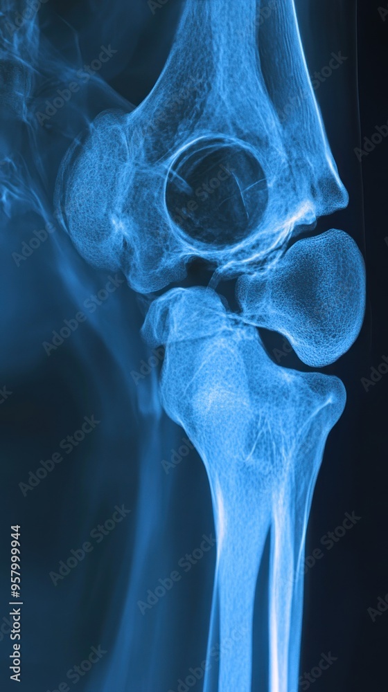 X-ray image of a human knee joint showing the bones and ligaments. X-ray image of a human knee joint showing the bones and ligaments.