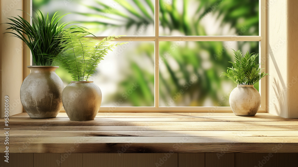  Indoor plants in ceramic vases on wooden windowsill with sunlight. Copy space. Generative AI	
