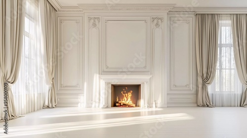Fototapeta Naklejka Na Ścianę i Meble -  Classic empty white interior with fireplace, curtains, windows, wall panels, 3D rendering, illustration