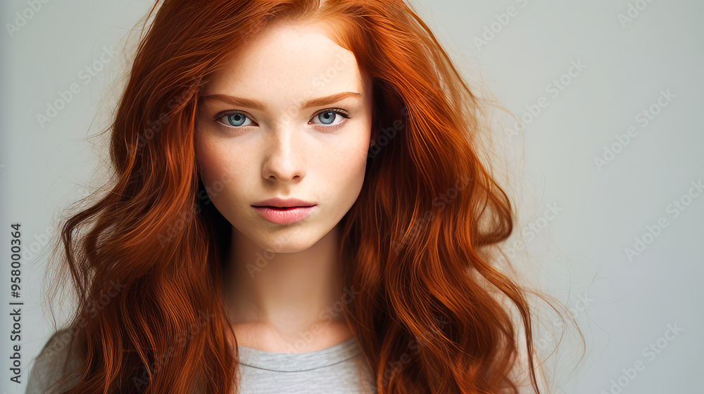 Naklejka premium Portrait of a serious aggressive teenage girl with red long hair with perfect skin, gray background, banner.