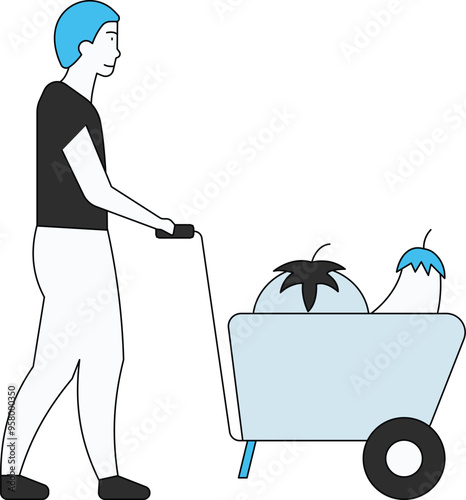 The man is carrying a cart of fruits and vegetables.