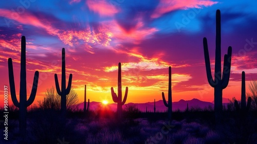 A sunset over a desert landscape with a group of cacti