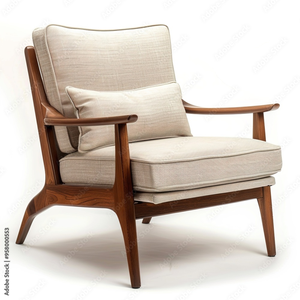 Elegant midcentury modern armchair with wooden and a comfortable cushion isolated on white Elegant midcentury modern armchair with wooden and a comfortable cushion isolated on white