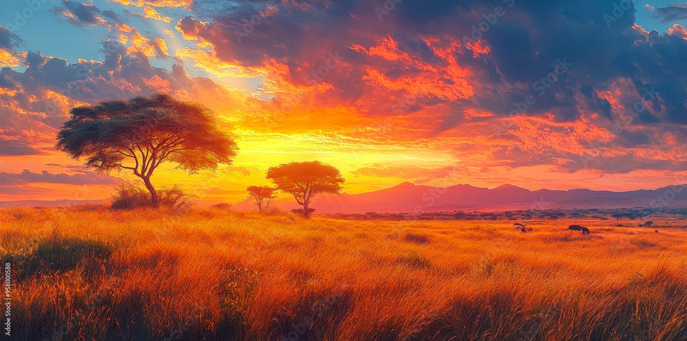 Stunning African Savanna Sunset Landscape with Dramatic Sky and Acacia Trees Perfect for Nature and Travel Themed Projects