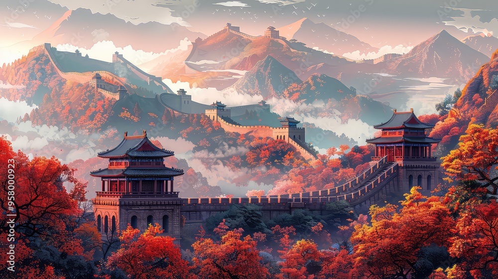Obraz premium Illustration Of China Landmarks, Generative AI
