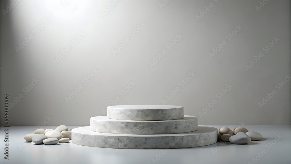 Minimalist product display with white marble podium and stones Minimalist product display with white marble podium and stones