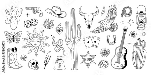 Set of different wild west symbols. Hand drawn illustration in sketch line style.