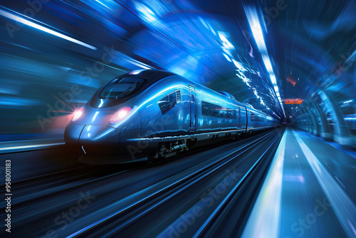 Modern high-speed train in fast motion passes through railway stations on blurred background