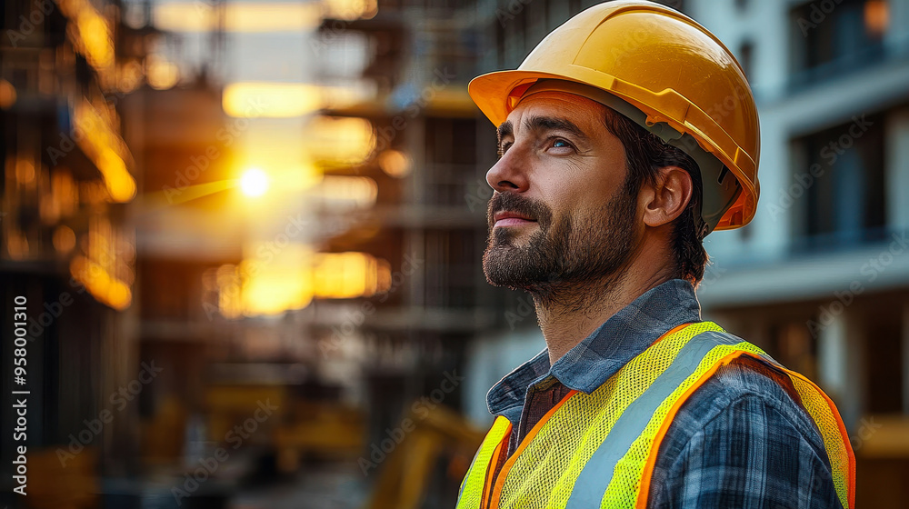 Confident Male Construction Worker in Yellow Hard Hat and Reflective Vest Overseeing Evening Construction Site Progress Confident Male Construction Worker in Yellow Hard Hat and Reflective Vest Overseeing Evening Construction Site Progress