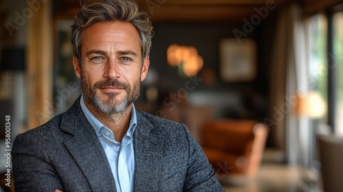 Confident man with stylish beard poses in a cozy living room with warm lighting during the afternoon